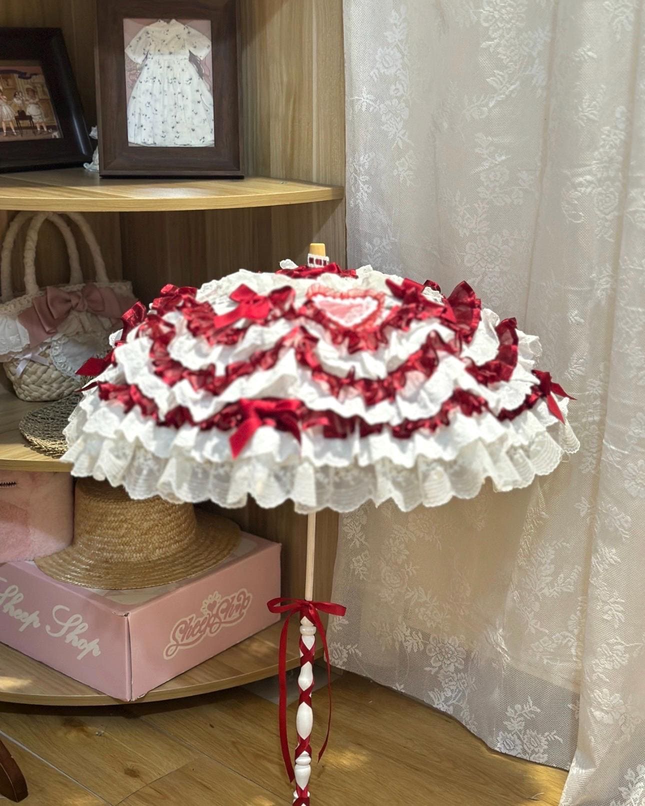 Strawberry Sweetie Lolita Parasol, Red White Bow Tie Lace Umbrella