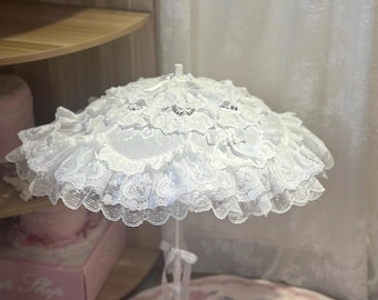 Vaniljkrämparasoll | Handgjort vitt spetsbröllopsparaply | Brudparasoll i Lolita | Elegant solparasoll för fotograferingar