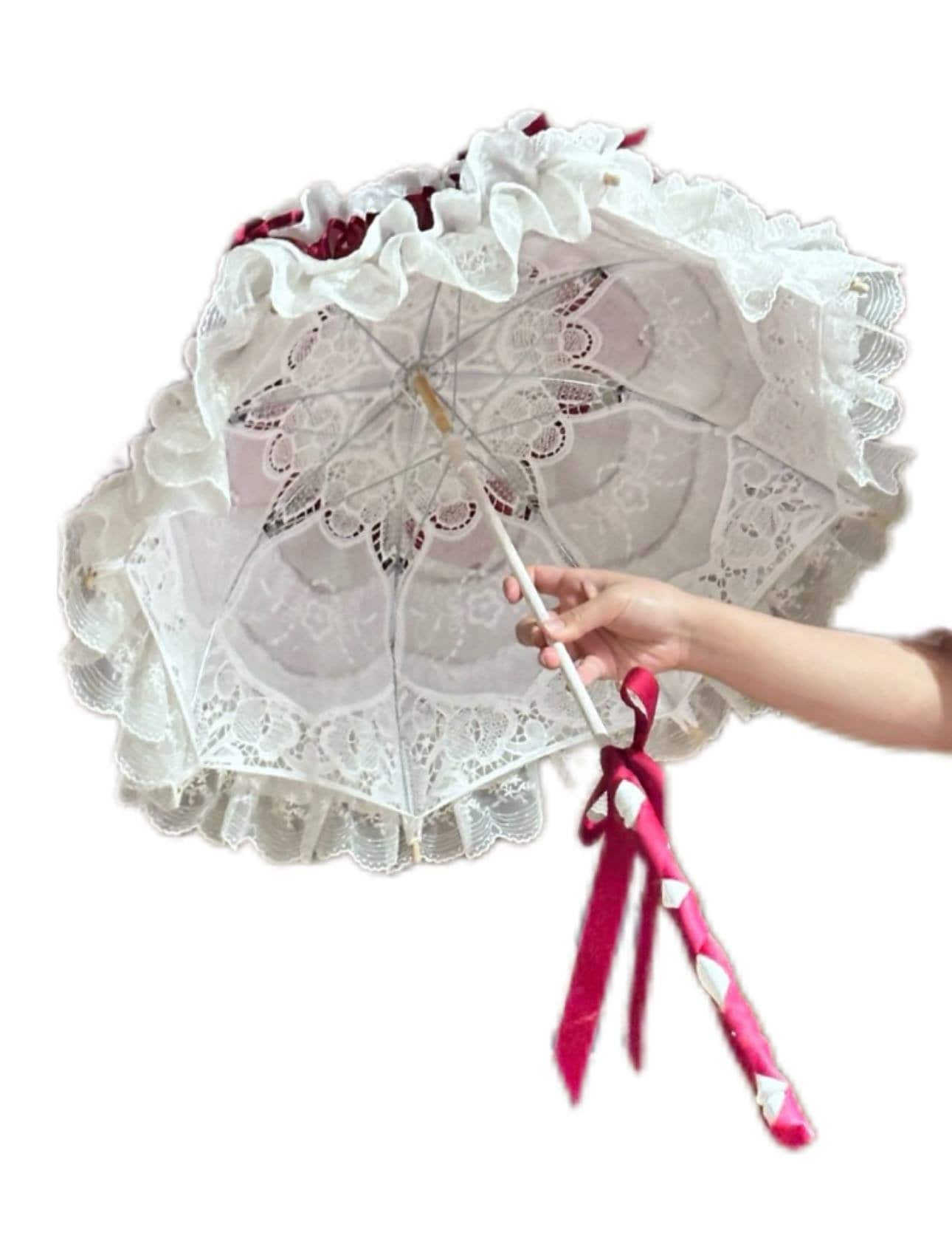 Strawberry Sweetie Lolita Parasol, Red White Bow Tie Lace Umbrella