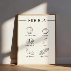 Peut inclure: Une affiche murale encadrée avec le titre MBOGA en noir, présentant six dessins au trait en noir et blanc de légumes étiquetés Pili Pili Hoho, Nyanya, Parachichi, Karoti, Vitunguu et Matango sur un fond de couleur crème.