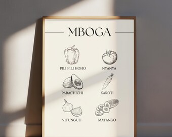 Mboga Swahili Vegetables Poster | Botanical Kitchen Wall Art | Language Learning Print | East African download