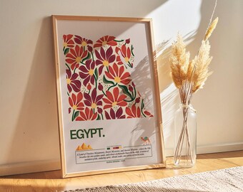Egypt Flower Map, Egypt Poster, Floral Poster, Abstract Flower Art, Africa Facts, Colorful Africa Map, Travel map, Egypt Wall Art, Pyramids