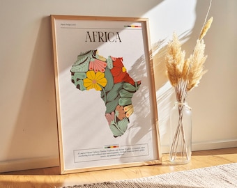 Africa Flower Map, Africa Map, Floral Poster, Abstract Flower Art, Africa Love Flowers, African Wall Art, Modern Flowers, Travel Africa
