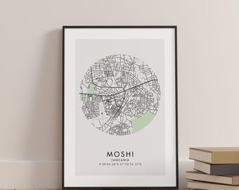 Moshi Map, Tanzania Street Map, Kilimanjaro, Africa City Map, Modern Africa Map, Moshi Poster, Minimalistic Map, Circle Map, Travel Poster