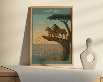 Lake Manyara Wall Art, African Lions, Retro Art, Swahili Poster, Tanzania, African Wall Art, Safari Poster, African National Park, Tanzania