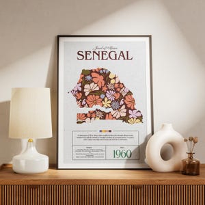 Senegal Afrika Bloemenkaart, Afrika Poster, Bloemenposter, Abstracte Bloemenkunst, Senegal Feiten, Kleurrijke Afrika Kaart, Reiskaart, Senegal
