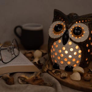 May include: A ceramic owl-shaped candle holder with a warm, glowing interior. The owl is brown and white, with large black eyes. A book, glasses, and a mug are nearby, suggesting a cozy reading nook. The scene is lit with soft, warm light.