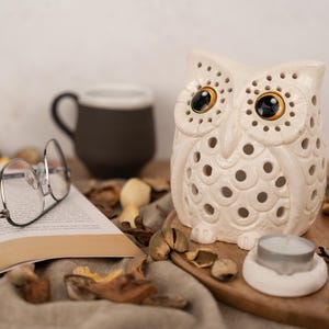 May include: White ceramic owl candle holder with cut-out details and gold accents. The owl is sitting on a wooden tray with a small white candle and dried flower petals.