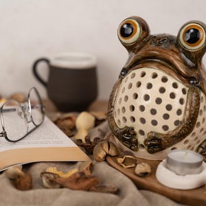 May include: A ceramic frog figurine with large eyes and a brown and white glaze. The frog has a hollow body with a pattern of small holes. A small tea light candle is placed in front of the frog.