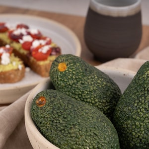 Könnte beinhalten: Drei ganze grüne Avocados in einer weißen Schüssel. Die Avocados haben eine dunkelgrüne Schale und ein hellgrünes Fruchtfleisch. Die Schüssel steht auf einer beigefarbenen Oberfläche.