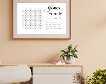 May include: A printable word search puzzle with the words "Jones Family" at the top. The puzzle features words related to family activities, such as "swimming", "movies", "camping", and "karate".