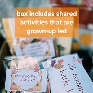 May include: A cardboard box containing multiple activity kits in clear plastic bags. Labels read "box includes shared activities that are grown-up led", "BOUNCING FALL FRIENDS KIT", and "fall sensory bottle kit" with illustrations of autumn leaves and pumpkins.