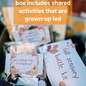 May include: A cardboard box containing multiple activity kits in clear plastic bags. Labels read "box includes shared activities that are grown-up led", "BOUNCING FALL FRIENDS KIT", and "fall sensory bottle kit" with illustrations of autumn leaves and pumpkins.