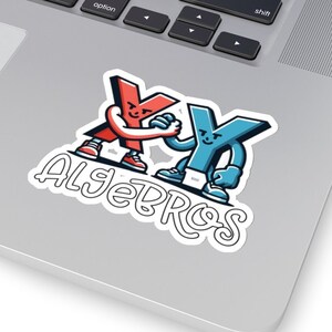 Könnte beinhalten: Ein Aufkleber mit einer Cartoon-Illustration von zwei Buchstaben, X und Y, die sich die Hände schütteln. Die Buchstaben sind rot und blau, und der Text "AlgeBros" ist in weißer Kursivschrift darunter geschrieben.