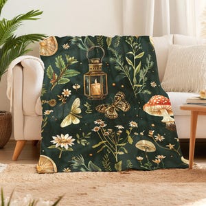 Crushed Velvet Cozy Cottagecore Blanket Forest Design, Dark Green & Earth Tones, Mushrooms Herbs Lantern, Woodland Vibes, Unique Home Decor
