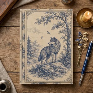 May include: A rectangular hardcover journal with a tan cover featuring a blue ink-style illustration of a wolf standing on a rocky outcrop in a forest, surrounded by trees and birds, enclosed within an ornate decorative border frame.