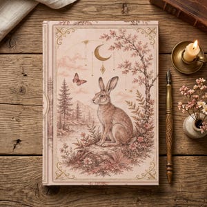 May include: A rectangular hardcover book featuring a light pink cover with a detailed illustration of a rabbit sitting on a rock. The scene includes a crescent moon, a butterfly, pine trees, and floral elements in shades of brown and pink.
