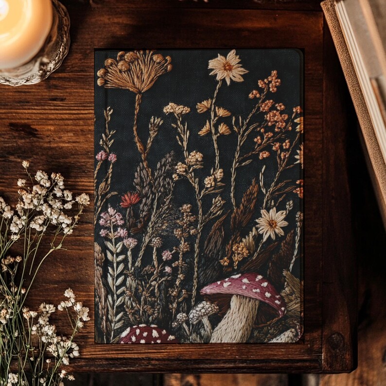 Faux Embroidered Botanical Journal, Cottagecore Mushrooms Herbs Design, Matte Hardcover Sketchbook image 2