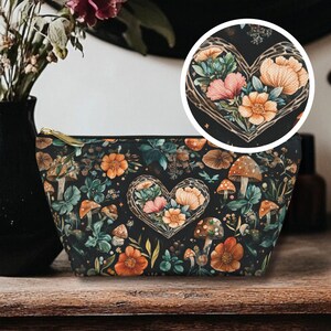 Beautiful Watercolor Style Hearts Mushrooms Florals and Herbs Design, Dark Aesthetic Cottagecore Whimsicore Witchcore Makeup Bag Organizer