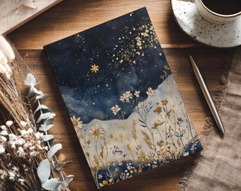 Matte Hardcover Journal, Beautiful Dark Hues Night Time Wildflower Watercolor Graphic, Moody and Alluring Notebook, Diary, Sketchbook,