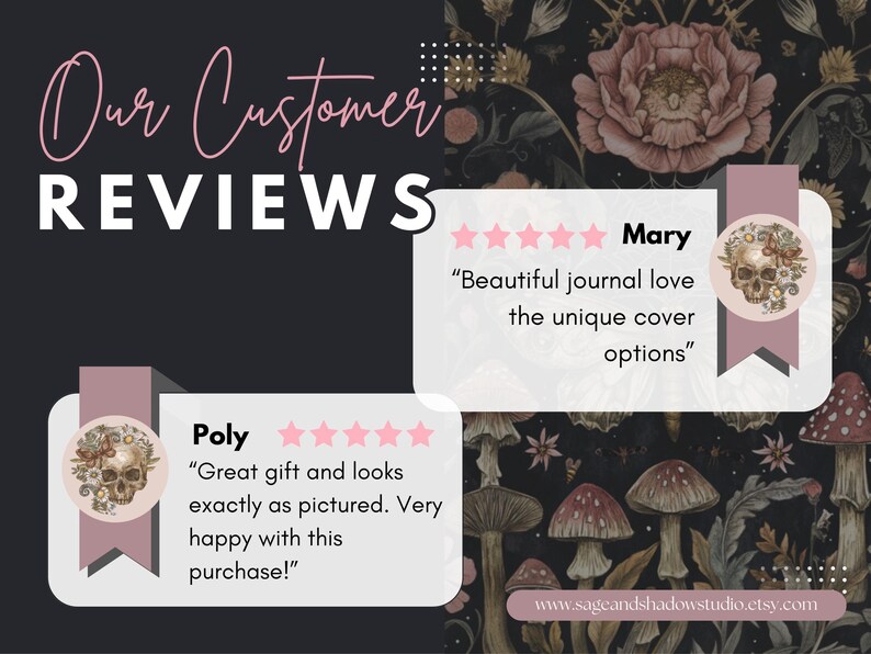 May include: A graphic display titled Our Customer Reviews featuring two white rectangular boxes with five-star ratings. One review by Mary mentions a beautiful journal, and one by Poly notes it looks as pictured. The background features dark floral patterns.