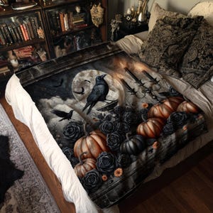 Dark Victorian Raven Halloween Blanket | Crushed Velvet Gothic Throw | Dark Romanticore Pumpkins Black Roses | Grunge Fall Decor Gift