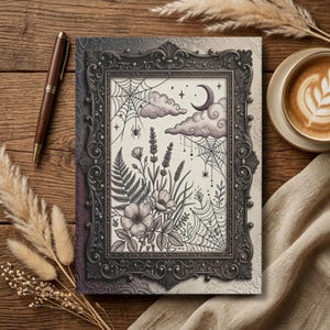 May include: A rectangular notebook featuring an ornate, dark gray, embossed frame design. The cover illustration depicts a black and white botanical scene with flowers, ferns, spiderwebs, spiders, clouds, and a crescent moon against a cream background.