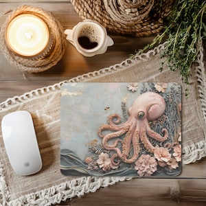 Whimsical Octopus Mousepad | Pink Nautical Desk Mat | Cottagecore Ocean Animal Mouse Pad | Cute Sea Life Office Decor | Aesthetic Sea Decor