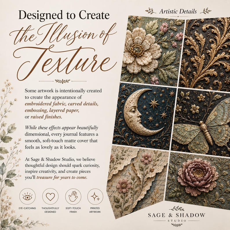 May include: A promotional graphic for Sage & Shadow Studio journals featuring the text Designed to Create the Illusion of Texture. It displays six detailed images of floral, celestial, and butterfly motifs with embossed effects and a matte cover.