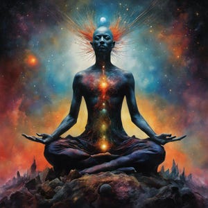 Puede incluir: Una persona meditando en posición de loto con un aura colorida que rodea su cuerpo. El fondo es un cielo nocturno estrellado con una galaxia de estrellas y planetas.