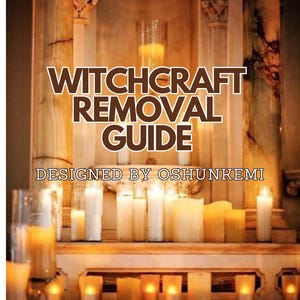 Puede incluir: Una portada de libro con el título "WITCHCRAFT REMOVAL GUIDE" en texto marrón. El diseño incluye una estantería con velas encendidas en portavelas de cristal. También se ve el texto "DESIGNED BY OSHUNKEMI".