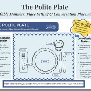 May include: A placemat titled "The Polite Plate" with table manners and conversation starters. The placemat includes a diagram of a place setting with a plate, fork, knife, and spoon. It also has a checklist for table manners and a fun fact about salt and pepper shakers.