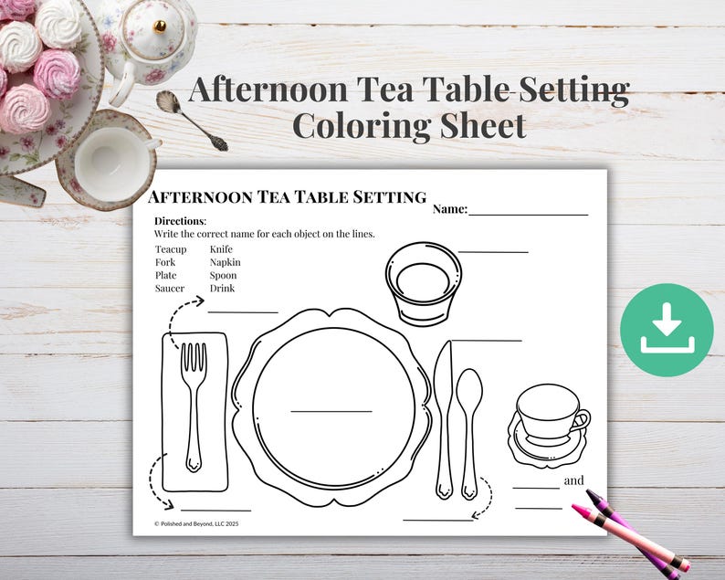 Tea Party Table Setting Coloring Page | Etiquette Activity (PDF Pattern ...