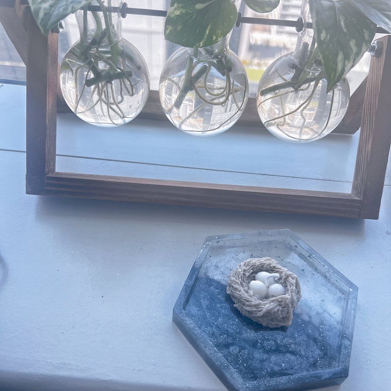May include: A hexagonal resin coaster with a white and black marbled design. A small bird's nest with three white eggs is in the center of the coaster.