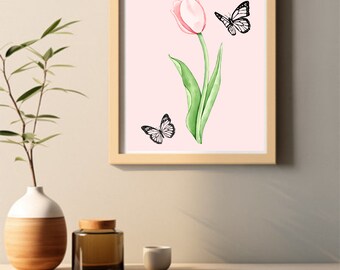 Pink Tulip Flower Poster, Digital Download, Digital Art