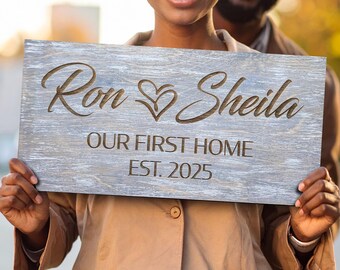Rustic First Home Sign Engraved Personalized Couples Name Established Date Home Decor