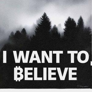 May include: A black and white image of a flying saucer hovering over a forest. The text "I WANT TO $BELIEVE" is printed in white at the bottom of the image.