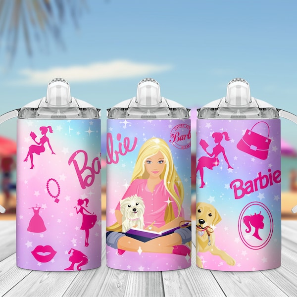 Barbie 12oz Kids Flip Top Sippy Cup Tumbler Wrap, 12oz Straight Tumbler Sublimation PNG, Childrens Cartoon Tumbler Wrap For Kids, Download