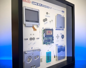 Framed Zelda Themed Gameboy Advance SP Disassembly Art. Teardown Display in Recessed Frame, Custom Gameboy Print Design.