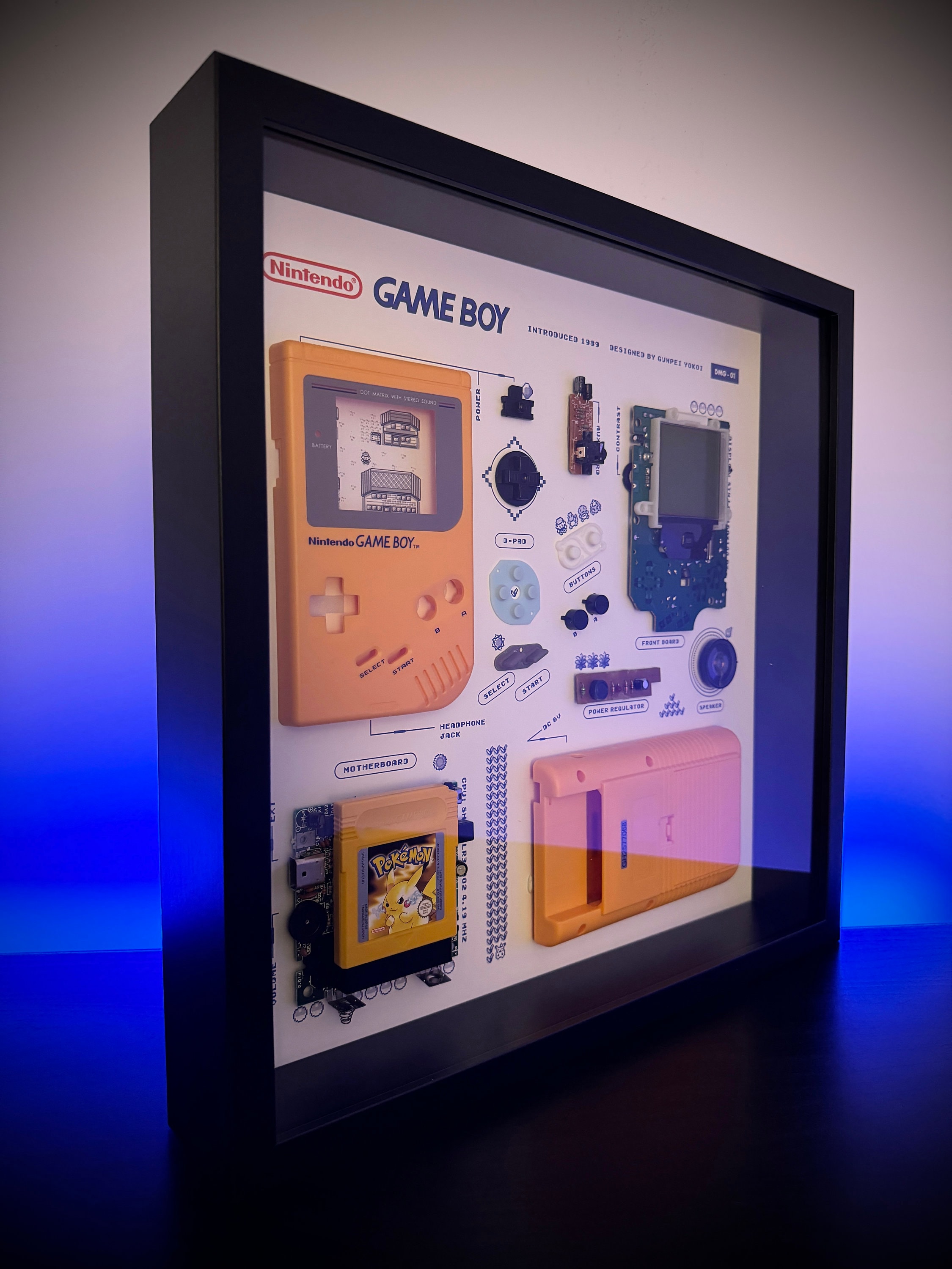 Framed Pokemon Themed Classic Gameboy Disassembly Art. Teardown Display in Recessed Frame, Custom Gameboy Print Design.