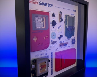 Framed Zelda Themed Classic Gameboy Disassembly Art. Teardown Display in Recessed Frame, Custom Gameboy Print Design.