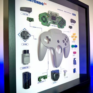Framed Nintendo 64 Controller Disassembly Art. Teardown Display in Recessed Frame, Custom Nintendo Print Design.