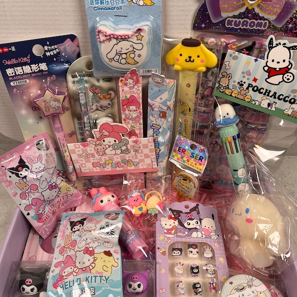 Box Kawaii Mix Sanrio: Stationery accessories, fun objects, adorable Hello Kitty, My Melody, Cinnamoroll patterns. Dive into the magic