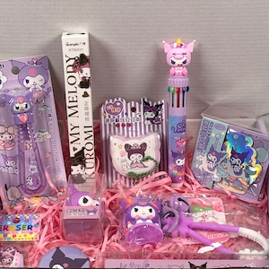 Box Mystère colorée Kawaii Sanrio : Papeterie scolaire adorable. Explosion de douceur et de surprises avec Kuromi, My Melody, Cinnamoroll !