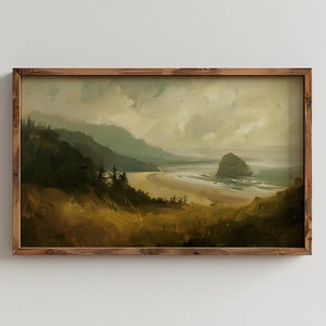 May include: A framed painting of a coastal landscape with a rocky island in the distance. The painting features a sandy beach, a body of water, and a green hillside with trees. The sky is cloudy and the overall color palette is muted.