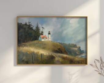 Puede incluir: Una pintura enmarcada de un faro blanco con techo rojo en un acantilado con vistas al océano. El faro está rodeado de árboles verdes y hierba. El cielo está nublado y azul.