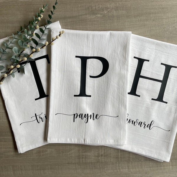 Personalized Tea Towel | Hostess Gift | Custom Initial Dish Towel | New Couple Wedding Gift | Family Name | Kitchen Decor