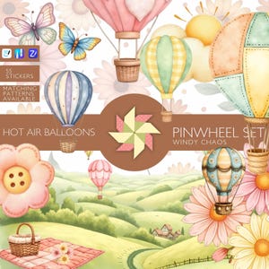 May include: Watercolor illustration featuring hot air balloons, butterflies, and a pinwheel design. The image includes text that reads "Hot Air Balloons" and "Pinwheel Set Windy Chaos". The color palette includes pastel pinks, blues, greens, and yellows.