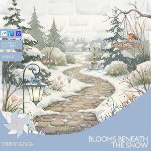 Op de afbeelding: Waterverfillustratie van een besneeuwde winterscène met een stenen pad dat door een tuin slingert. Een vogelvoederbak hangt aan een tak, en een kleine vogel zit erop. De tekst "Blooms Beneath The Snow" is zichtbaar.