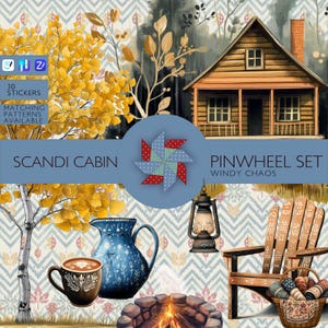 May include: Digital art featuring a cozy cabin, a pinwheel design, and a collection of outdoor-themed illustrations. Includes a blue pitcher, a coffee mug, a lantern, and an Adirondack chair with a basket of blankets. The text reads "Scandi Cabin" and "Pinwheel Set".